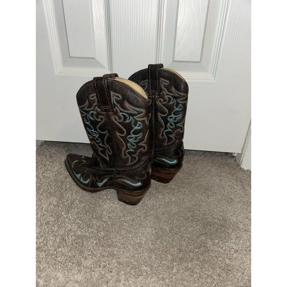 Corral Brown and Turquoise Embroidered Western Inlay Snip Toe Boots Size 6 M - Picture 5 of 10
